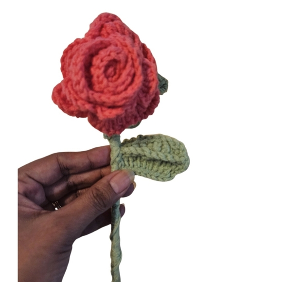 Hand Crafted Soft Red Crochet Rose Faux Floral Shelf Decor Hand Knit Crochet Art - Picture 6 of 17